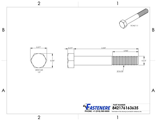 Image of 5 /16-18 x 2-1 /4 inch Hex Head Cap Screw Bolts, External Hex Drive, Stainless Steel 304, Partially Threaded, Stainless Steel, Quantity 10