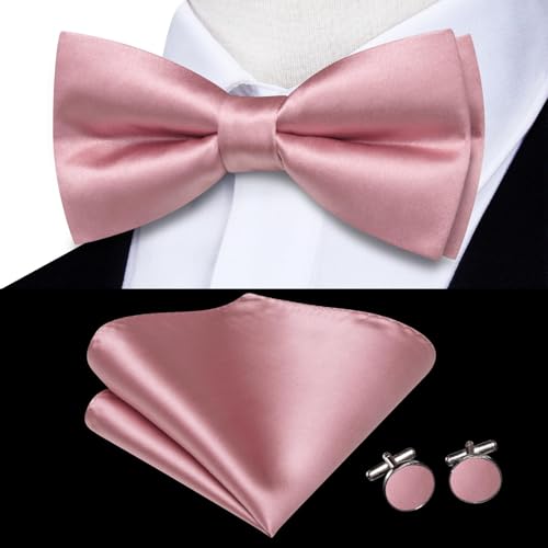 Image of Hi-Tie 5Pcs Mens Solid Color Silk Tie Satin Pretied Bowtie Lapel Pin for Men Handkerchief Cufflink Wedding Gift Box