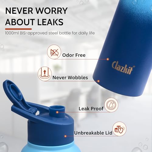 Image of Clazkit Dual Colored Stainless Steel Water Bottle |ISI Certified Leakproof,Durable for School Kids, Fridge, Sports, Gym, Yoga & Office - Easy to Clean & Reusable-1000ml -Set of 6 - Blue