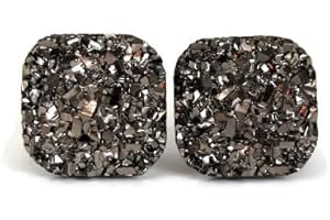 Gunmetal Square Stud Earrings with Shimmering Faux Druzy Stones