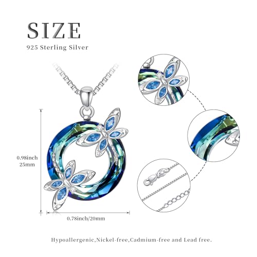 Dragonfly Crystal Necklace for Women 925 Sterling Silver Animal Blue Circle Crystal Pendant Birthday Jewelry Gifts for Daughter3