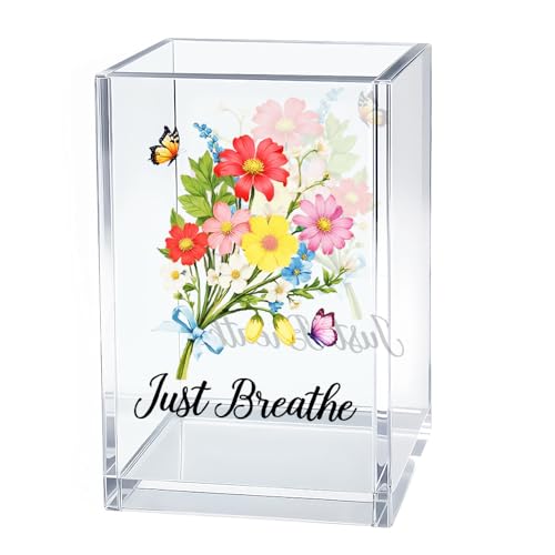 Image of Just Breathe Acrylic Cosmetic Organizer Pen Holder, Motivational Acrylic Desk Holder Cup for Pen Pencil, Inspirational Office Gifts for Coworker Leader, Mental Health Gifts for Anxiety Friend