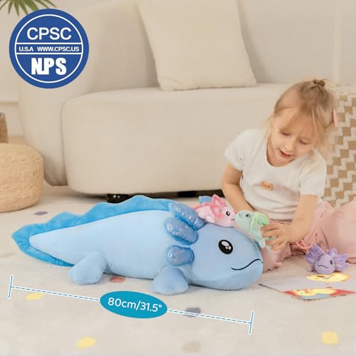 Image of MaoGoLan Giant Blue Axolotl Plush with Babies, 33 inch Axolotl Stuffed Animal | 33 Inch Sequin Mommy With 3 Baby Salamanders for Girls Kids, Kawaii Room Decor, Christmas Graduation Birthday Gift