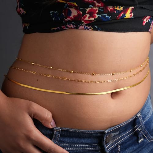 Image of VAMA FASHIONS 18K Gold Plated Belly Chain Combo for Women Girls Anti Tarnish Adjustable Waist Hip Belt Beads Herringbone Saree Kamarbandh Beach Body Chain Jewelry