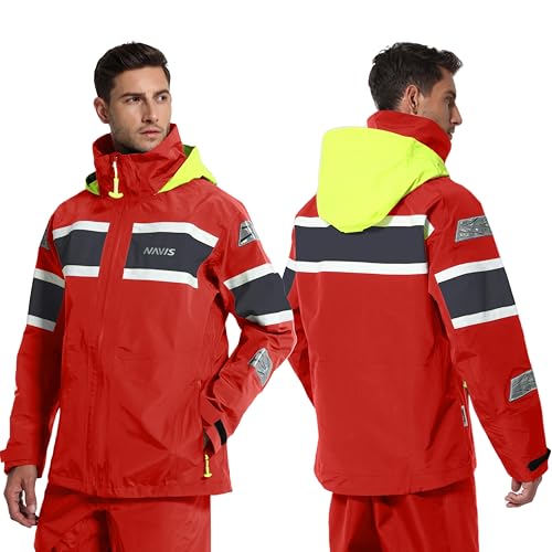 NAVIS MARINE Men’s Offshore Sailing Jacket – 3L-Gore Pro-Tex Waterproof Foul Weather Gear for Coastal & Ocean Sailing (Bright Red, XXL)