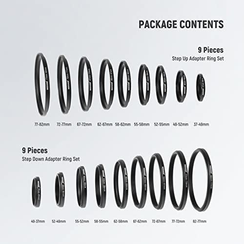 Image of Neewer 18 Pieces Metal Camera Lens Filter Adapter Ring Kit 9 Pieces Step Up Ring+9 Pieces Step Down Ring Set Compatible with Canon Nikon Sony Olympus DSLR Camera (Black)