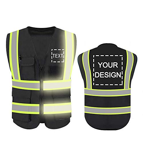 YOWESHOP High Reflective Visibility Safety Vest Custom Your Logo Safety Workwear with Reflective Strips and Front Zipper(Black-Green Webbing 2XL)