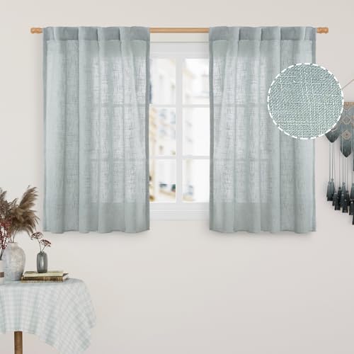 LAMIT Short Linen Curtains 40 Inch Length, Semi Sheer Light Filtering Panels Back Tab and Rod Pocket Neutral Drapes for Basement/Window/Loft Room, Greyish Blue, 34 x 40 Inch, 2 Panels