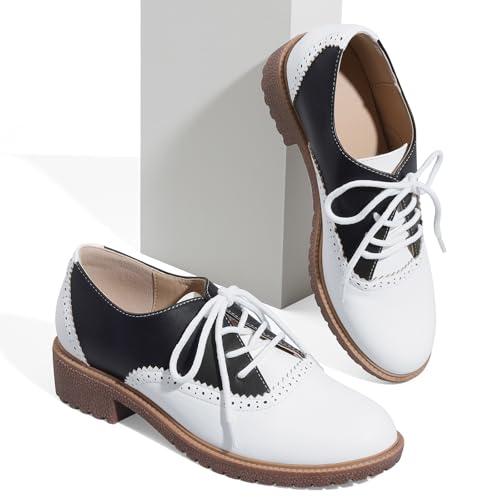 mikarka Vintage Oxford Shoes for Women Perforated Wingtips Brogue Oxfords Low Chunky Heel Lace Up Saddles Dress Pumps Shoes - Image 4