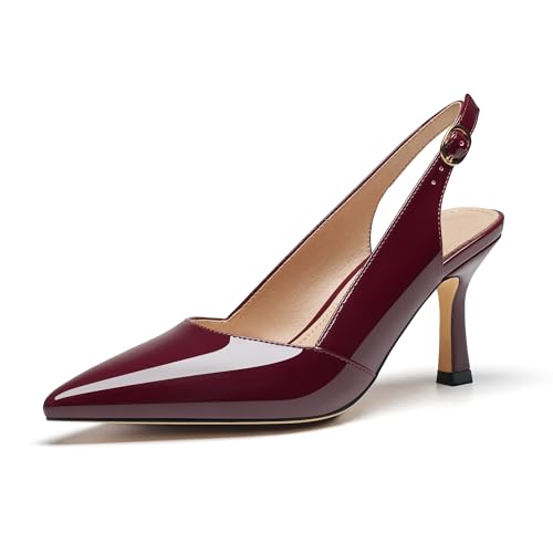 VICKIVICKI Slingback Kitten Heels for Women Pointed Closed Toe Heels Dressy Pumps Shoes for Wedding Office Party Burgundy Patent Size 8