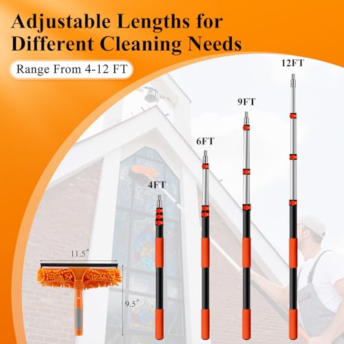 Image of 20ft High Reach Window Squeegee with 12ft Heavy-Duty Extension Pole | 2-in-1 Telescopic Window Washer & Squeegee, Washable Streak-Free Window Cleaning Kit for Indoor /Outdoor High Rise Windows
