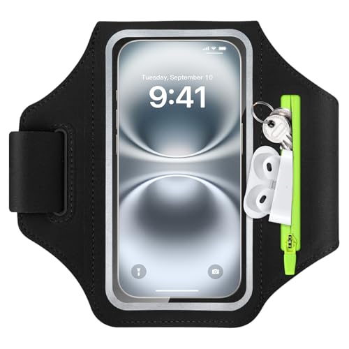 Running Phone Holder, Stretchable Running Armband Phone Holder for Running Sweatproof Mobile Phone Armband with Zipper Pocket for iPhone 17 16 15 14 13 12 Galaxy S25 for Jogging Cycling (Black, 6.8'')