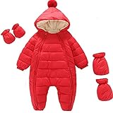 [YFS] ジャンプスーツ ベビー スキーウェア 雪遊び 子供服 ロンパース 男の子女の子 秋冬 防寒 保温 フード付き 前開き 出産祝い 百日祝い 七五三 90 100 (レッド-3, 90)