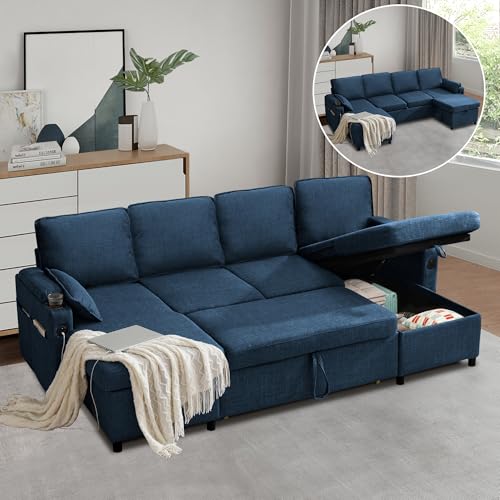 DURASPACE Schlafsofa, U Form Schlafcouch mit Schlaffunktion und Aufsitzkiste, Eckcouch mit USB, Getränkehalter für Wohnzimmer & Schlafzimmer (Dunkelblau)