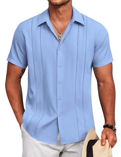 Image of COOFANDY Mens Cuban Guayabera Shirt Short Sleeve Button Down Shirts Summer Beach Vacation Shirts