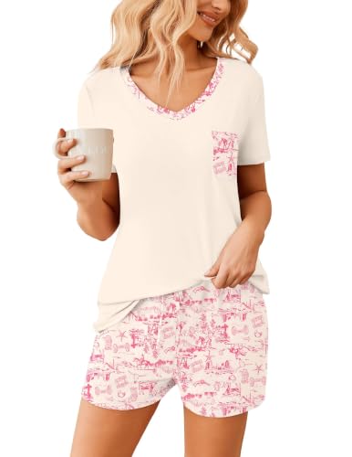 Image of Ekouaer Womens Pajama Sets Short Sleeve Pajamas for Women Sets Soft Lounge Sets Casual V Neck Sleepwear PJS