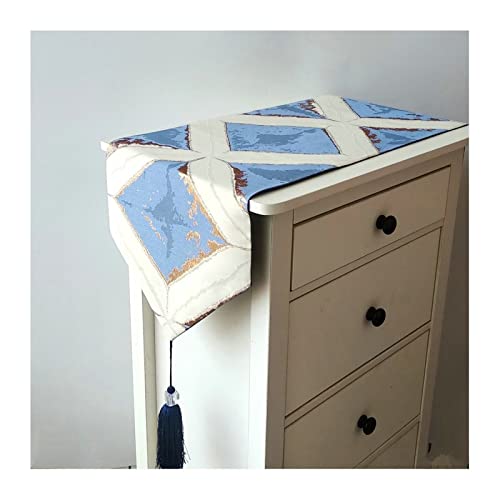 Chemin de table bleu en lin-coton géométrique 32x180 cm