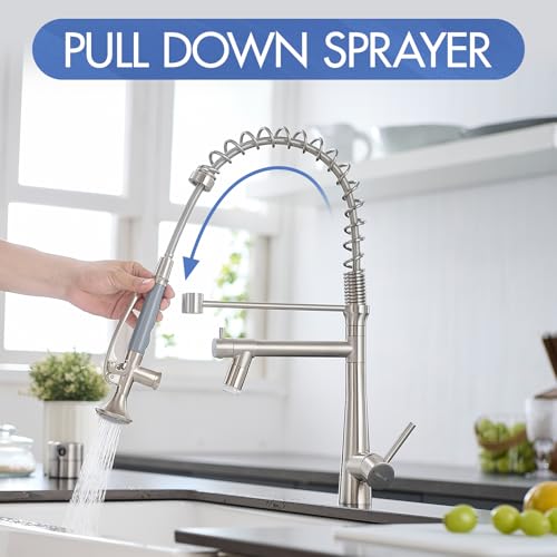 Image of AIMADI Pull Down Kitchen Faucet with Sprayer,Commercial Single Handle | Stainless Steel Brushed Nickel Kitchen Sink Faucet with LED Light
