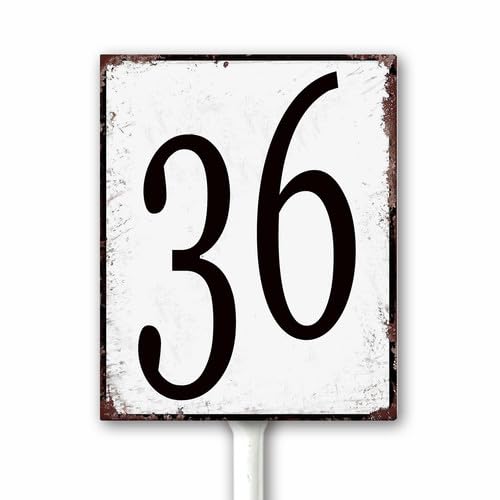 Aluminum Number Sign 36 Metal Numbered Yard Sign With Stake Outdoor for Tennis Court, Parking Lots, Floor, Dock, Court, Aisle, Field, Farm 12x15 CM High Visibility Rust Free (Retro White)