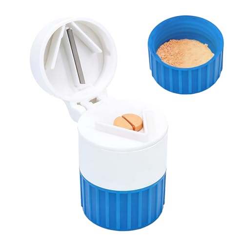 Tablet Crusher for Pills - 4 in 1 Pill Crusher for Tablets with Stainless Steel Grinding Head - Pill Splitter and Tablet Cutter with Built-in Storage - Portable Pill Grinder for Small Tablets Blue