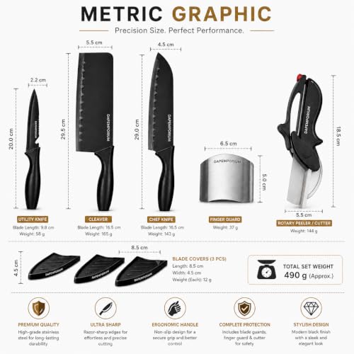 Image of 3 Pcs Kitchen Knife Set Slicer Cutter Finger Guard Stainless Steel Black Coated Chef Cleaver Paring Knives Vegetable Fruit Chopping Slicing Cutting Cooking Kitchen Tools Daily Use