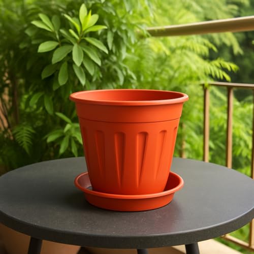 Image of 6 inch Plant Pot with Base Plate (Set of 4 Pot + 4 Base Plate) | Indoor Flower Pot with Saucer | Premium Flower Pots for Plants