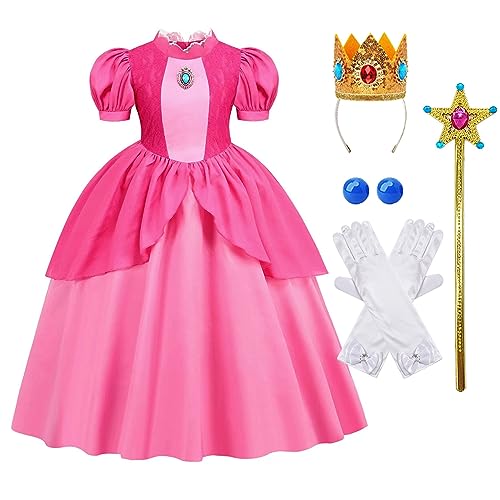 AmzMach Princess Peach Cosplay Costume for Girls Princess Peach Classic Pink Dress Halloween Party Dress Up with Crown 4-5T