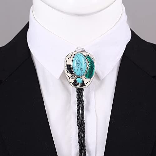 Cravate Pendentif Plume Turquoise en Cuir Tressé Style Western