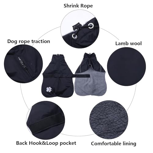 Geyecete Hundemantel Wasserdichter fur Windhund, Winter Hundejacken mit warmem plüschfutter, Regenmantel Winddicht, Hundebekleidung mit verstellbaren Bändern,fur mittel und große Hunde-schwarz-S