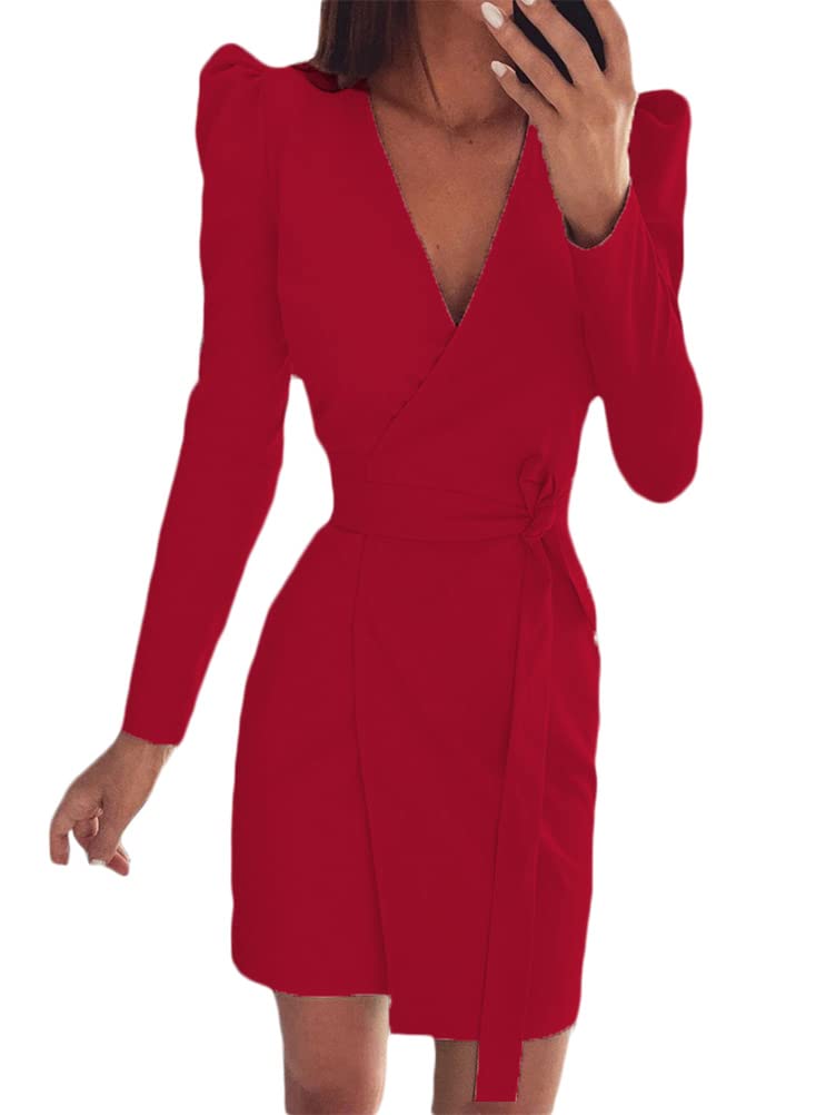 Onsoyours Damen Blazer Kleid Langarm V-Ausschnitt Hemdkleid Elegant Business Lange mit Gürtel Anzug Spleißen Bodycon Minikleider