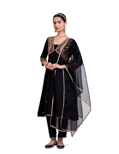 Image of Amazon Brand - Myx Women's Embroidered Anarkali Kurta Pant Set with Organza Dupatta | Salwar Suit (Available in Plus Sizes)