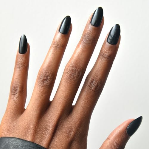 Glamnetic Press On Nails - Boba | Opaque Black Short Almond Nails, Salon Quality | 12 Sizes - 24 Nail Kit