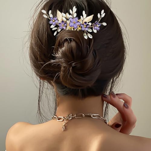 Peine para cabello de novia con flores moradas y cristales miniatura 6