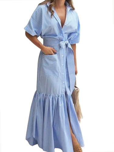 Image of utcoco Women's 2026 Summer Casual Striped Button Down Maxi Dress Tie Waist Short Sleeve Shirt Dress with Pockets