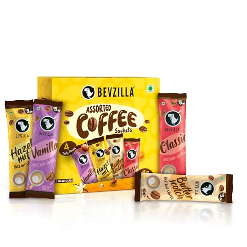 Image of Bevzilla 48 Instant Coffee Powder Sachets (4 Flavours) - 96 Grams | Hazelnut, Classic, Vanilla & Butterscotch | 12 pouches Each Flavour | Arabica Coffee | Perfact for Espresso, Latte,Cappuccino | Hot & Cold Coffee
