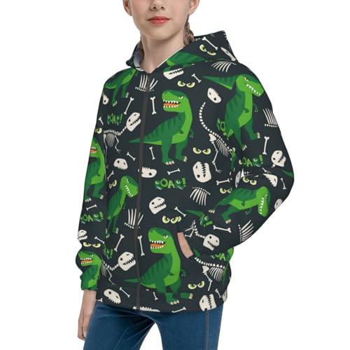 Tyrannosaurus Rex and Dinosaur Bone Kids Pullover Hoodies Boys Zip Up Sweatshirts Girls Athletic Clothes with Pocket