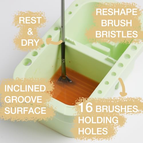 Image of SEVENY Paint Brush Washer Basin with Lid, Green | Artist Brush Cleaning Container, Includes Sponges, For Oil Painting, Acrylic, Watercolor, Studio Organizer