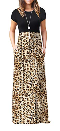 VIISHOW Women's Short Sleeve Leopard Printed Long Loose Plain Maxi Dresses Formal Dresses with Pockets(Leopard Light Yellow,X-Large)