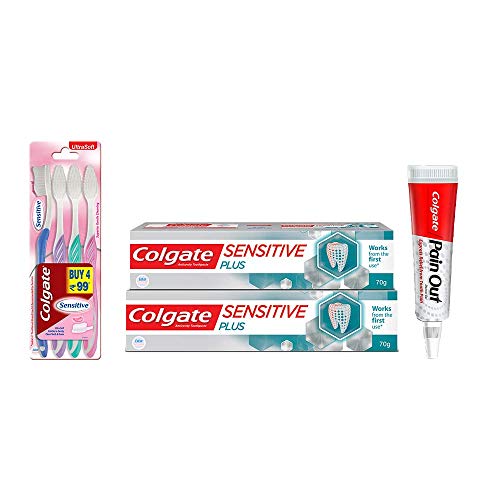 Colgate Pain Out Gel, Colgate Sensitive Plus Toothpaste for Instant Sensitivity Relief and Sensitive Ultra Soft Toothbrush (10ml, 2x70g, 4 pieces)