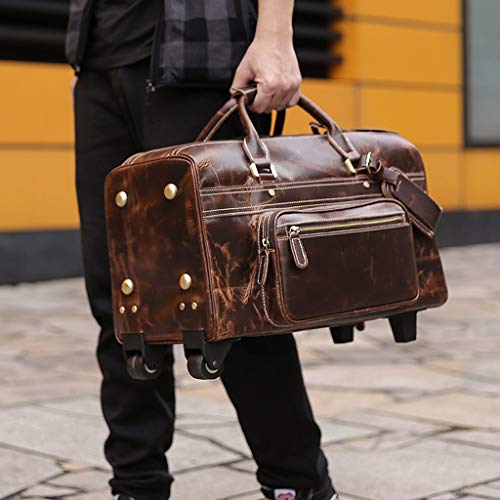 Wheeled Duffel, Retro Leather Travel Bag Men's Large-Capacity Hidden Trolley Bar Bag, Casual Business Travel Hand Luggage #TOP7