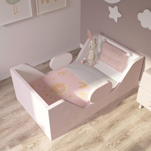 Toddler Bed, Child Bed for Kids with Extra Safty Broad, Standard Crib Size Toddler Bed, Certified Fabric Toddler Beds,Toddler Flood Bed (Mixed Pink&White)