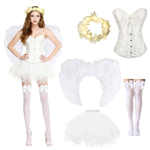 Jiahuade Engel Kostüm Damen,5 Stück Engelsflügel mit Heiligenschein,Engel und Teufel Flügel Kostüm,Engelsflügel Kostüm Damen,für Halloween...