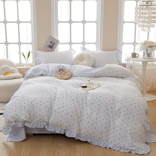 Image of VM VOUGEMARKET Blue Flower Duvet Cover Set Queen,3 Pieces Romantic Ruffle Duvet Cover with 2 Lace Pillow Shams,100% Cotton Princess Bedding Set for Girls-Flower Striped Pattern