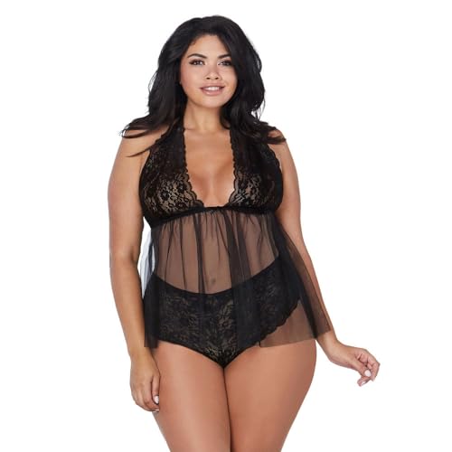 Nuisette femme glamour en dentelle noire et mesh fluide coupe rétro chic