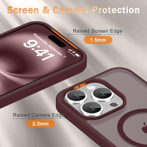Image of YENAPOON for iPhone 15 Pro Max Case, Matte Magnetic Phone Cover [with 1 Screen Protector] [Support for MagSafe] [Shockproof Military Grade Protection] Translucent Frosted Back, Wine Red
