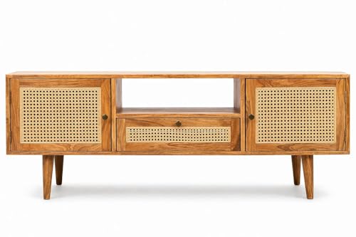 Image of Premium Solid Wood, 10 Minutes Assembly (Legs Only), Aesthetic Rattan Doors, Mid Century Entertainment Center for Living Room, TV Stand for 65 inch TV, Dark Chocolate (Unipue Natural)