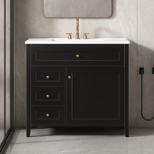 Image of 36 inch Bathroom Vanities with Top Set, Cabinet with Multi-Functional Tip-Out Drawer and Adjustable Shelf, Soft-Closing Door, Solid Wood Legs, Black