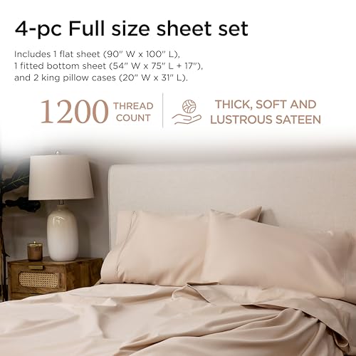 Image of Threadmill 1200 Thread Count Supima Cotton Full Sheet Set, Sateen, Beige | 100% Supima Cotton, Sateen Weave, 4-Piece Set, Hotel Quality, OEKO-TEX Certified, Machine Washable