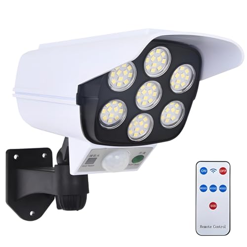 Chewtoyo Projecteur solaire avec caméra de surveillance artificielle, applique murale LED télécommandée, lampe de sécurité extérieure étanche, angle réglable, 77 LED, éclairage 8-10 heures