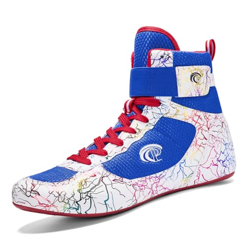 ZHENSI Zapatillas Boxeo Hombre Zapatillas Lucha Libre Ligeras Transpirables con Estampado de Caña Alta para Fitness Levantamiento de Pesas,Azul,44 EU